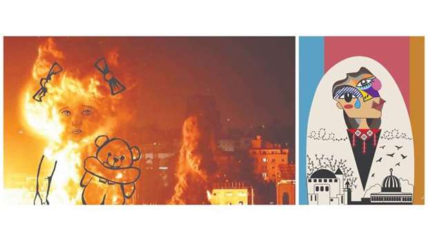 An artwork by Jaber Henzab, left, and Bothayna al-Zaman's artwork