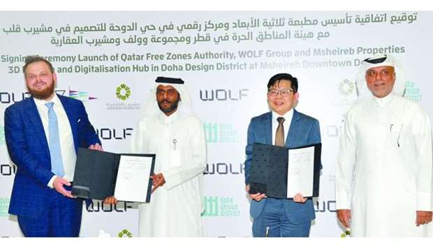 (From left) WOLF Group CEO & founder Mariusz Kr?l, Msheireb Properties acting CEO Ali al-Kuwari, QFZA CEO Lim Meng Hui, and QFZA chief corporate support officer & acting chief zones operating officer Fahad Zainal during the signing ceremony held recently. PICTURE: Shaji Kayamkulam