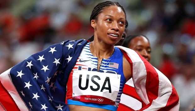 Allyson Felix of the United States celebrates after winning gold in Women's 4 x 400m Relay at Olympic Stadium, Tokyo on August 7. REUTERS