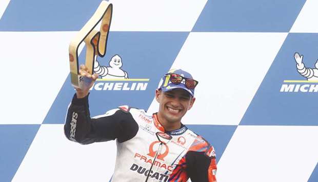 Pramac Racingu2019s Jorge Martin celebrates winning the Styrian Grand Prix at the Red Bull Ring in Spielberg, Austria, yesterday. (Reuters)