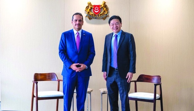 HE the Deputy Prime Minister and Minister of Foreign Affairs Sheikh Mohamed bin Abdulrahman al-Thani meets with Deputy Prime Minister and Minister for Finance of the Republic of Singapore Lawrence Wong