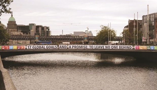 UN Sustainable Development 17 Global Goals banner displayed across Dublinu2019s Rosie Hackett Bridge over the River Liffey, Ireland. Picture supplied by Al-Attiyah Foundation.