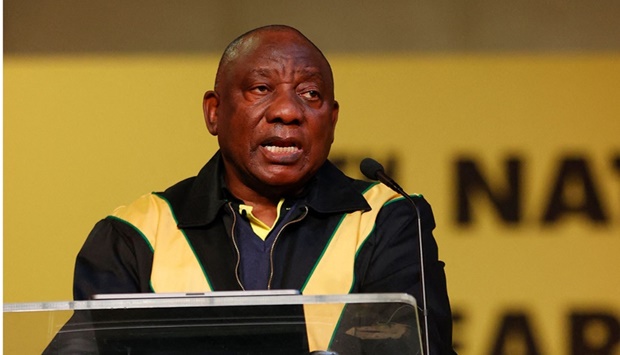 Ramaphosa addressing African National Congress members at the National Recreation Centre (Nasrec) in Johannesburg yesterday.