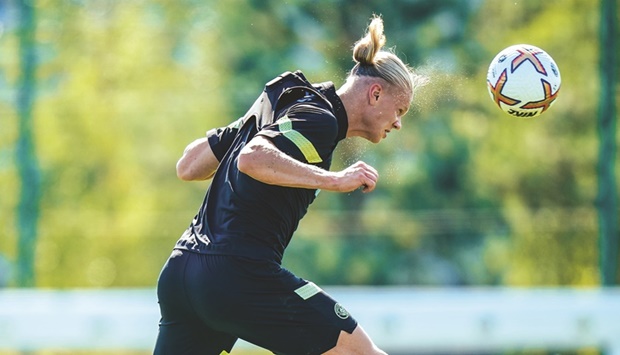 Manchester City striker Erling Haaland at a training session in Manchester yesterday.