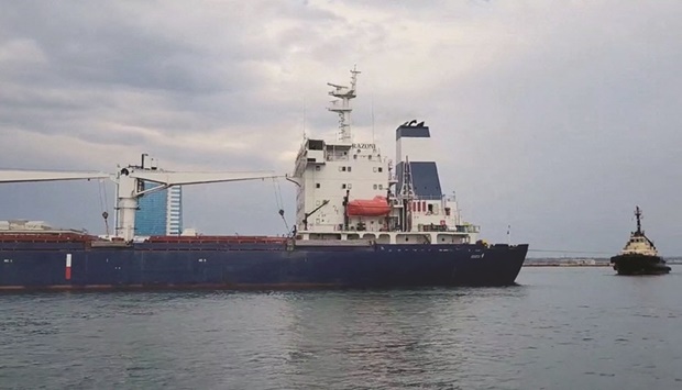 The Sierra Leone-flagged cargo ship, Razoni, carrying Ukrainian grain leaves the port, in Odessa yesterday in this screen grab taken from a handout video.