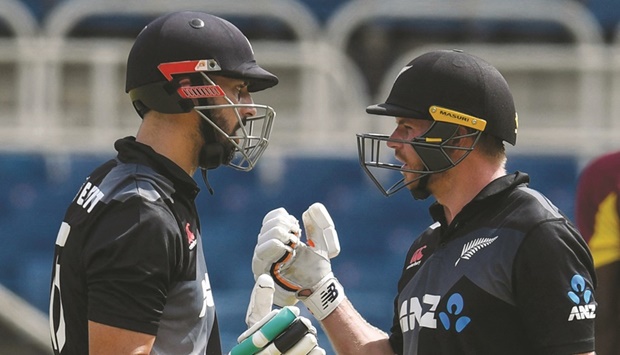 Daryl Mitchell (left) and Glenn Phillips of New Zealand during the 2nd T20I against West Indies at the Sabina Park in Kingston, Jamaica, on Friday. (AFP)