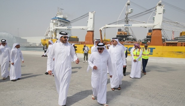 HE the Minister of Transport Jassim Seif Ahmed al-Sulaiti, HE the Minister of Commerce and Industry Sheikh Mohamed bin Hamad bin Qassim al-Thani and other officials at Hamad Port Saturday. Supplied picture