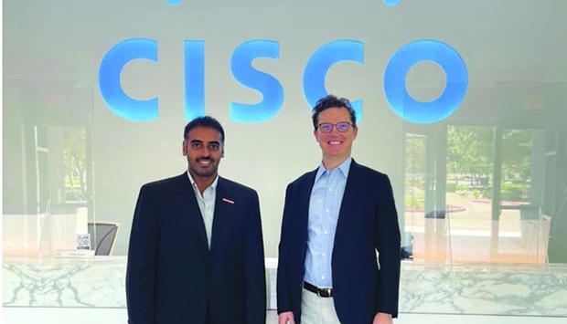Sheikh Nasser bin Hamad bin Nasser al-Thani, Ooredoo CCO, and Jonathan Davidson, executive vice-president and general manager, Mass-Scale Infrastructure Group, Cisco, during the tour.