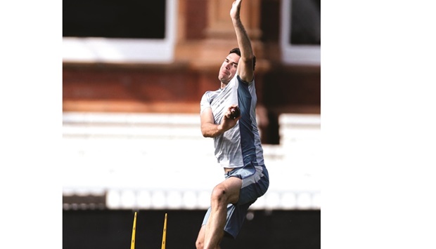 Englandu2019s James Anderson during a training session at the Lordu2019s Cricket Ground in London yesterday. (Reuters)