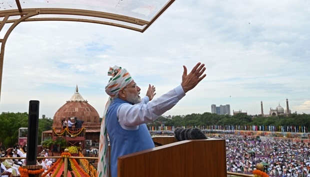 Indiau2019s Prime Minister Narendra Modi addresses the nation from the ramparts of the Red Fort during the celebrations to mark countryu2019s Independence Day in New Delhi. AFP