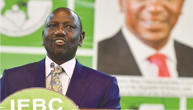 Kenyan President-elect William Ruto from Kenya Kwanza (Kenya First) political party coalition delivers a speech at the Independent Electoral and Boundaries Commission (IEBC) in Nairobi.