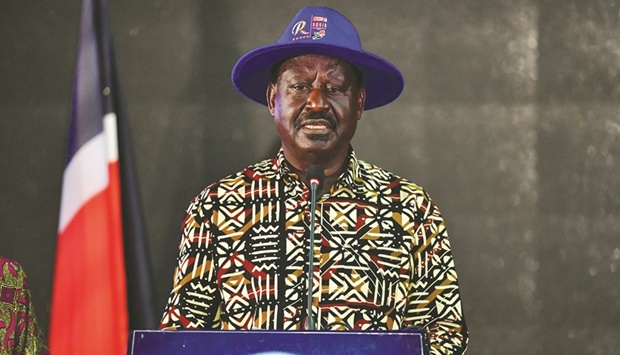 Kenyau2019s defeated presidential candidate Raila Odinga speaks during a press conference at the Kenyatta International Convention Centre (KICC) in Nairobi yesterday.