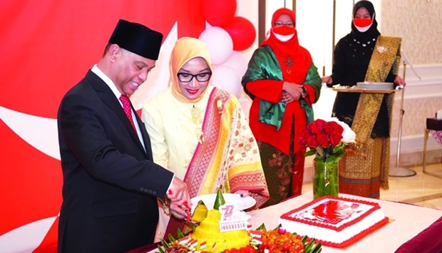 Indonesian ambassador Ridwan Hassan leads the Tumpeng cutting ceremony at the embassy. Supplied picture