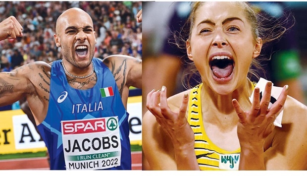 Italyu2019s Marcell Jacobs celebrates winning the menu2019s 100m gold during the European Athletics Championships in Munich. RIGHT: Germanyu2019s Gina Luckenkemper celebrates after winning the womenu2019s 100m gold. (AFP/Reuters)