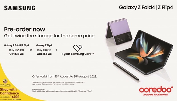 Ooredoo has announced that Samsungu2019s Galaxy Z series, comprising the Galaxy Z Flip4 and Galaxy Z Fold4, is now available for pre-order for customers across Qatar until August 25.