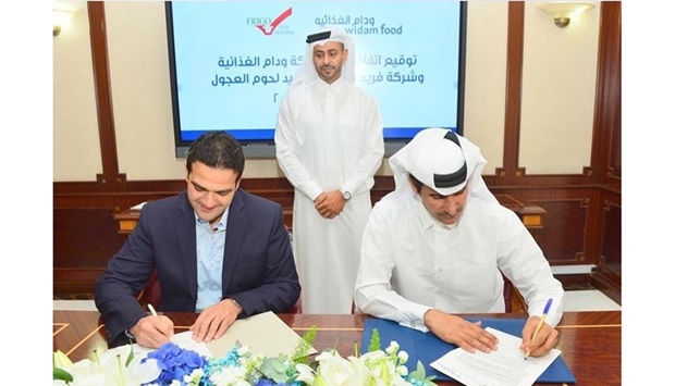 The agreement was signed by AlNoubay Salem al-Marri, CEO of Widam, and Mustafa Hussein Abdel Fattah, CEO of  Frigo Trading Company, in the presence of Mohamed al-Sadah, chairman, Widam Food Company, in Doha.