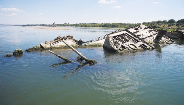 The wreckage of a World War II German warship is seen in the Danube in Prahovo, Serbia.
