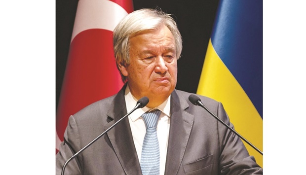 UN Secretary-General Antonio Guterres during a press conference at the Joint Co-ordination Center established in Istanbul for the safe shipment of grain products from the Black Sea region in Istanbul yesterday. (AFP)