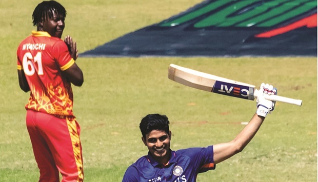 Indiau2019s Shubman Gill celebrates after scoring a century during the third ODI against Zimbabwe Harare yesterday. (AFP)