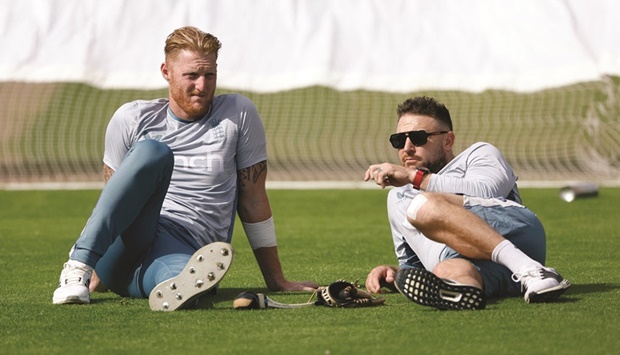 Englandu2019s Ben Stokes (left) and head coach Brendon McCullum during practice at Emirates Old Trafford, Manchester, Britain, yesterday.