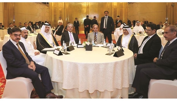 Pakistani Prime Minister Shehbaz Sharif addressing the ,Pakistan-Qatar Trade and Investment Roundtable 2022, which was held on Tuesday evening in the presence of HE the Minister of Finance Ali bin Ahmed al-Kuwari; HE Undersecretary of the Ministry of Commerce and Industry Sultan bin Rashid al-Khater; CEO of the Qatar Financial Centre Yousuf Mohamed al-Jaida, along with an array of Qatari and Pakistani business leaders.