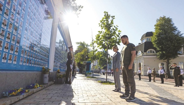 Ukraineu2019s President Volodymyr Zelensky and his wife Olena visit the Memory Wall of Fallen Defenders of Ukraine, amid Russiau2019s attack on Ukraine, during marking the Independence Day in Kyiv, yesterday.