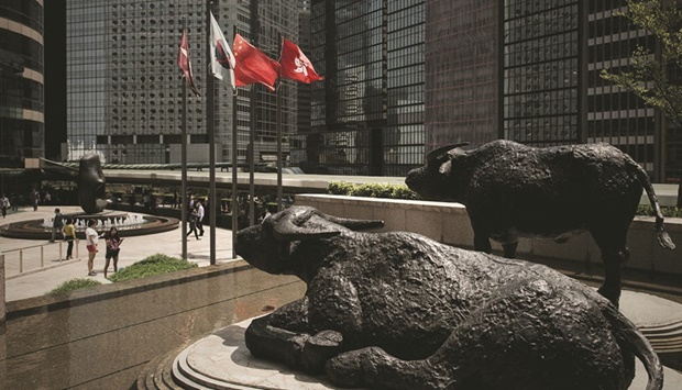 Bull statues displayed outside the Hong Kong Stock Exchange. The Hang Seng Index closed up 1.0% to 20,170.04 points yesterday.