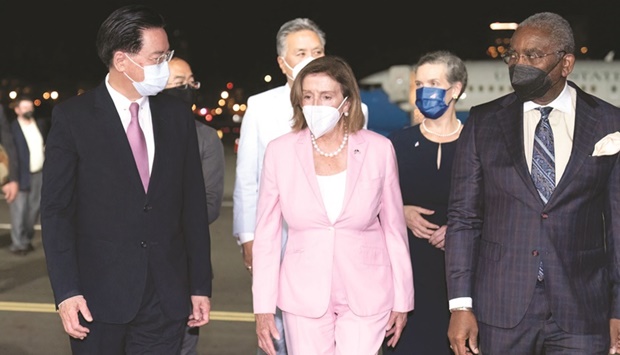 Speaker of the US House of Representatives Nancy Pelosi is welcomed upon her arrival at Sungshan Airport in Taipei.