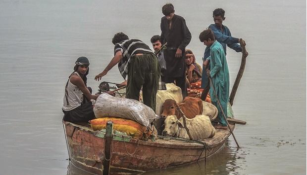 Stranded people are evacuated along with their livestock from flood affected areas after heavy monsoon rains in Sukkur, Sindh province, this week. (AFP)