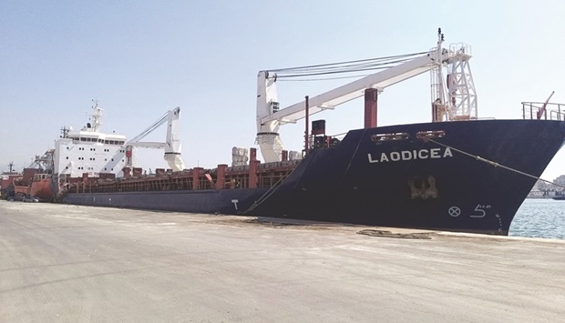 The ship u201cLaodiceau201d is shown docked in the port of Tripoli.