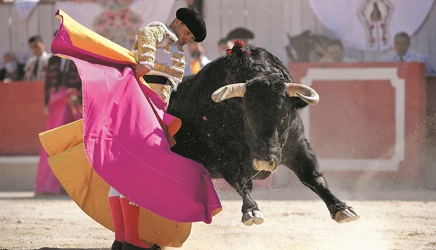 In this file photo taken on June 6, 2021 Spanish matador Daniel Luque  performs a muleta pass on a fighting bull in the arena of Arles, southern France, on the opening day of the Arles Feria. (AFP)