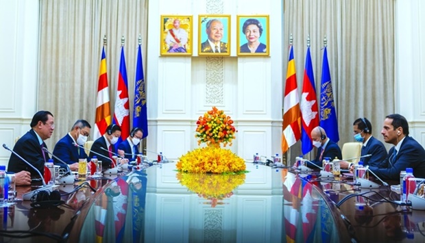 The Prime Minister of the Kingdom of Cambodia Hun Sen meets with HE the Deputy Prime Minister and Minister of Foreign Affairs Sheikh Mohamed bin Abdulrahman al-Thani, who is visiting Cambodia.