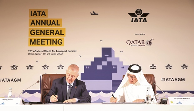 HE al-Baker with Walsh signing an agreement during IATA Annual General Meeting and World Air Transport Summit in Doha in June.