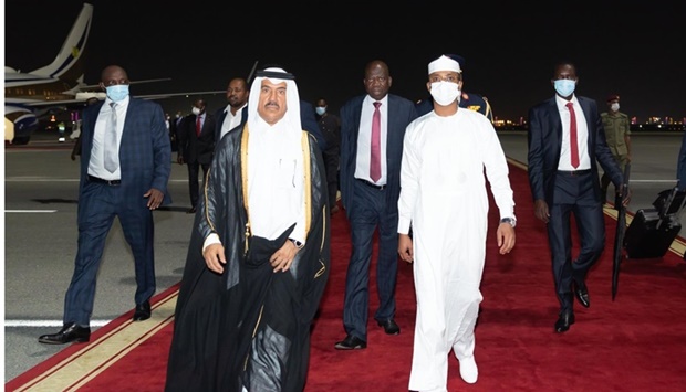 HE the Secretary-General of the Ministry of Foreign Affairs Dr Ahmed bin Hassan al-Hammadi receives President of Transitional Military Council of Chad Lt Gen Mahamat Idriss Deby Itno at Doha International Airport.
