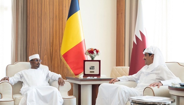 His Highness the Amir Sheikh Tamim bin Hamad al-Thani meets with President of the Transitional Military Council of the Republic of Chad Lt Gen Mahamat Idriss Deby Itno