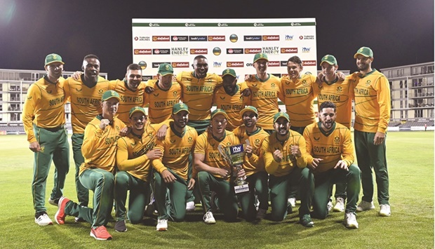 South Africa players celebrate with the trophy after their win in the second T20I against Ireland at the County Ground in Bristol. (AFP)