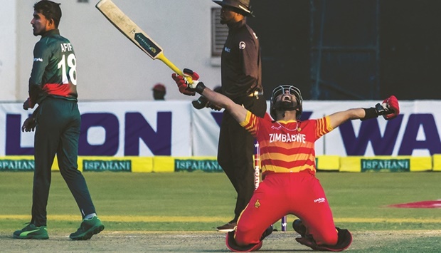 Zimbabweu2019s Sikandar Raza celebrates their victory in the second one-day international against Bangladesh at the Harare Sports Club yesterday. (AFP)