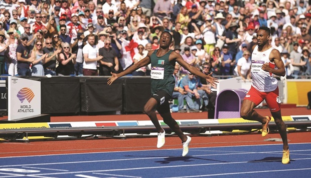 Zambiau2019s Muzala Samukonga crosses the line to win the menu2019s 400m final in Birmingham yesterday. (Reuters)