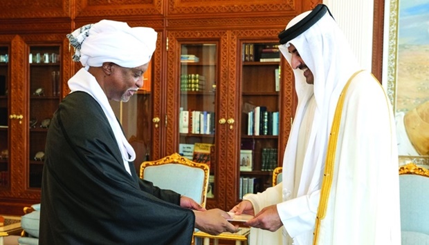 His Highness the Amir Sheikh Tamim bin Hamad al-Thani receiving the credentials of the ambassador of Sudan Ahmed Abdel-Rahman Mohamed Hassan Siwar al-Dahab