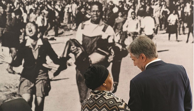 US Secretary of State Antony Blinken and Antoinette Sithole, the sister of the late Hector Pieterson, at the Hector Pieterson Memorial in Soweto.