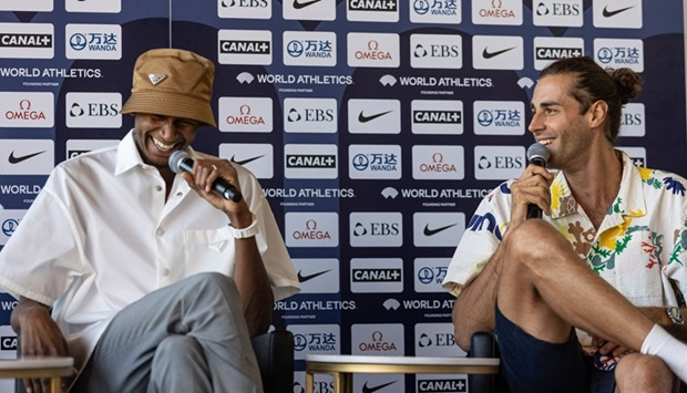 Qataru2019s Mutaz Barshim (left) with fellow Olympic gold medallist Gianmarco Tamberi of Italy during a pre-event press conference in Monaco yesterday.