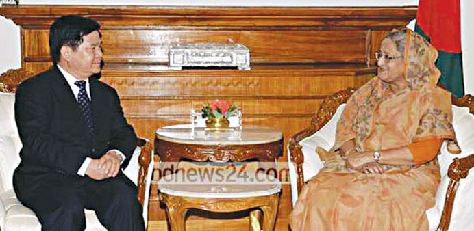 Li Jiheng with Sheikh Hasina during a meeting in Dhaka yesterday.