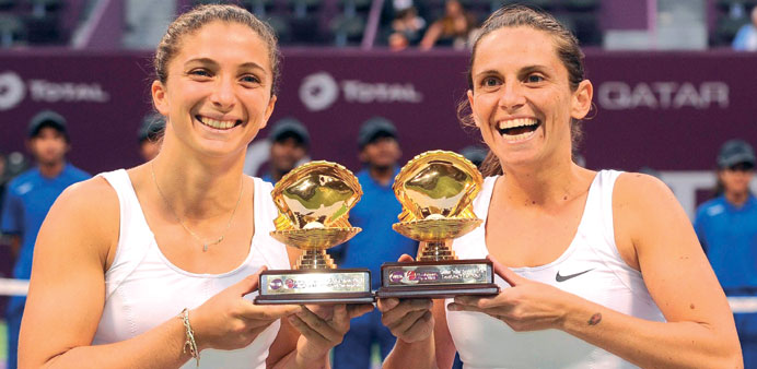 Italyu2019s Sara Errani (L) and Roberta Vinci pose with their trophies after winning the doubles title at the Khalifa International Tennis Complex