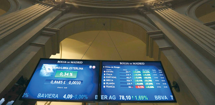 A screen at Madridu2019s Stock Market shows the risk premium from Spain and other European countries, in Madrid, Spain, yesterday. The Spanish Ibex 35 sto