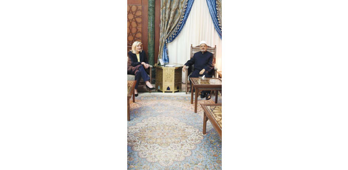  Al-Tayeb meets with Le Pen at Al Azhar headquarters in Cairo on Thursday. 