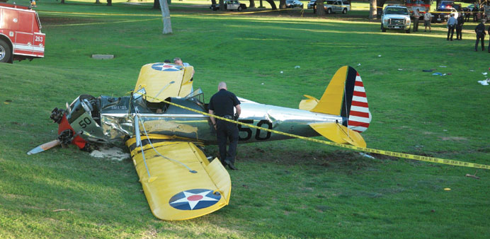 The  small plane  owned by  Ford is seen after crashing at the Penmar Golf Course in Venice, California. 
