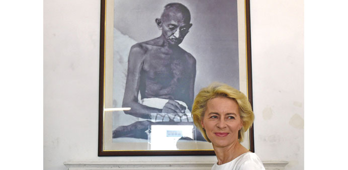 German Defence Minister Ursula von der Leyen poses during her visit to Gandhi Smriti, a museum dedicated to Mahatma Gandhi, in New Delhi yesterday.