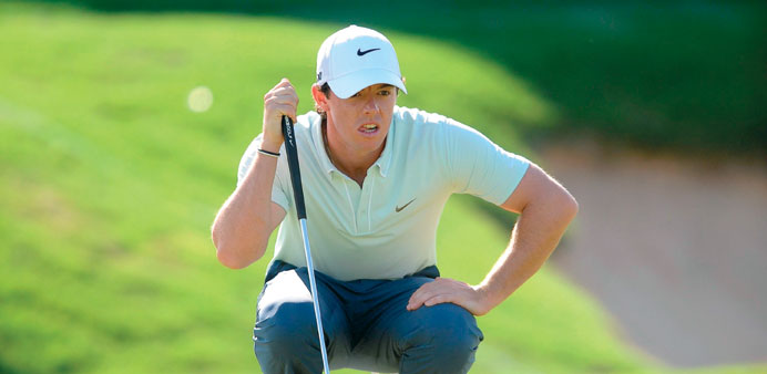 Rory McIlroy lines up his birdie putt on the 16th hole during the second round of the Valero Texas Open at the AT&T Oaks Course, in San Antonio on Fri
