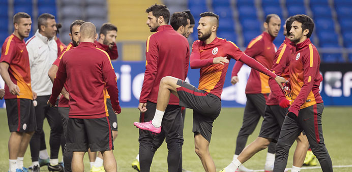 Galatasarayu2019s players attend a training session at the Astana Arena stadium in Astana, Kazakhstan.