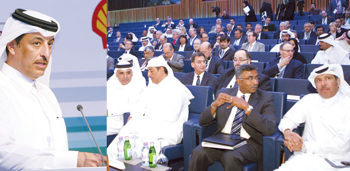 A view of the gathering at the Doha Carbon and Energy Forum at the QNCC yesterday. INSET: Al-Kuwari addressing the Doha Carbon and Energy Forum at the